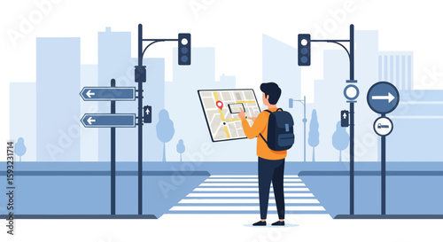Lost Traveler Consults City Map for Directions Amidst Urban Setting Illustration