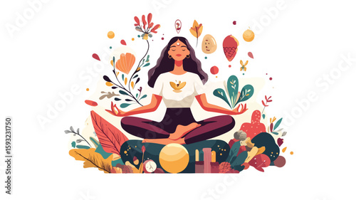 Serene woman practicing wide-angle yoga meditation
