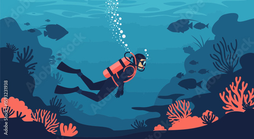 Deep Sea Diver Exploring Vibrant Coral Reef With Marine Life Illustration