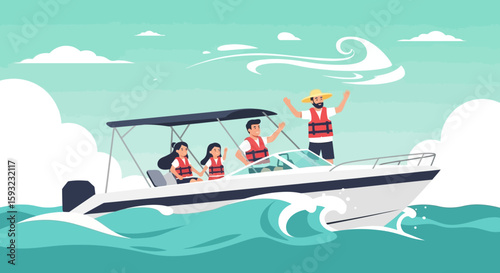 Family Enjoying A Boat Ride On Sunny Summer Vacation Day