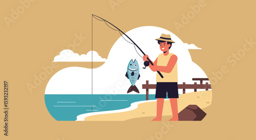 Delighted Fisherman Catches A Smiling Fish During Seaside Leisure Time