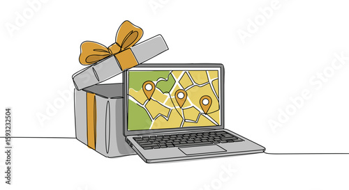 Laptop next to open gift box present concept – one line doodle drawing with watercolor fill, minimalistic vector illustration on white background

