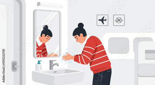 Maintaining Hygiene And Preventing Germs Washing Hands In Aircraft Lavatory