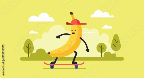 Happy Banana Character Having Fun on a Skateboard in an Outdoors Background