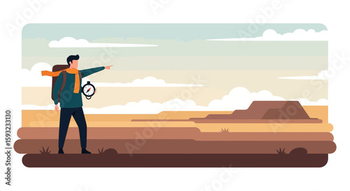 Man Adventure Trekking Across Desert Landscape Exploring New Horizons Concept