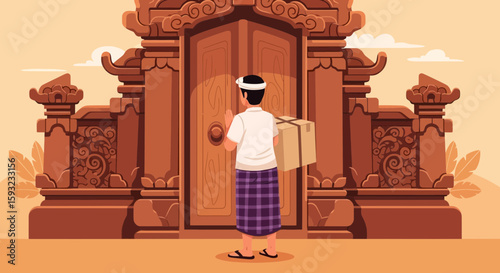 Delivery Guy Arriving At Traditional Balinese House Bringing A Package