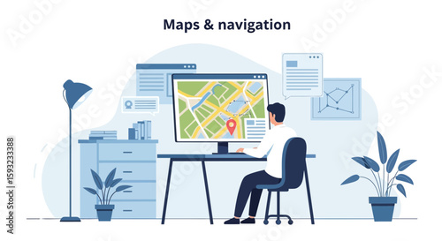 Man Analyzing City Map On Computer Display In Home Office Interior