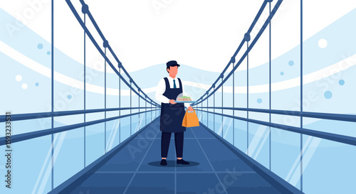 Delivery Guy Transports Order Across Bridge Serving Modern Convenience