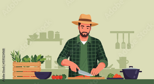 Farmer Preparing Fresh Vegetables For Cooking In Kitchen Environment