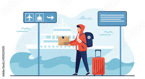 Man Carrying Box At Airport And Ship Travel Destination Illustration