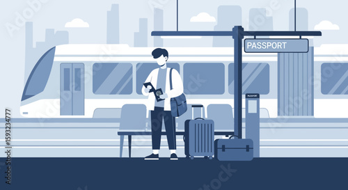 Man Checking Passport Before Boarding High Speed Train At The Station
