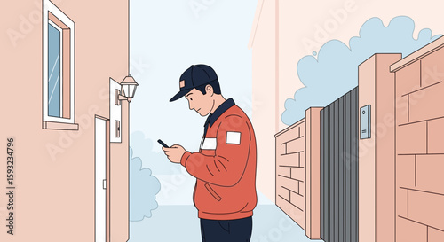 Delivery Man Using Smart Phone Near Residence For Contactless Package Arrival