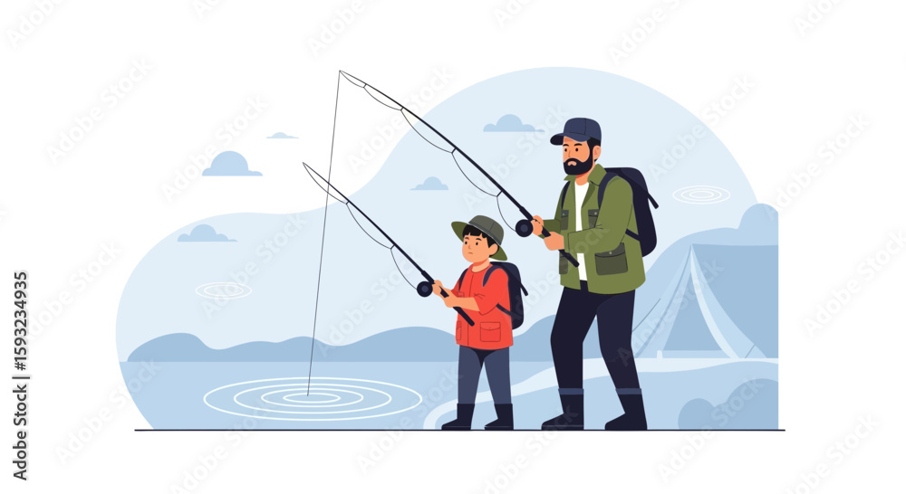 Father And Son Enjoying Fishing Together In Nature Vector Illustration Father And Son Enjoying Fishing Together In Nature Vector Illustration