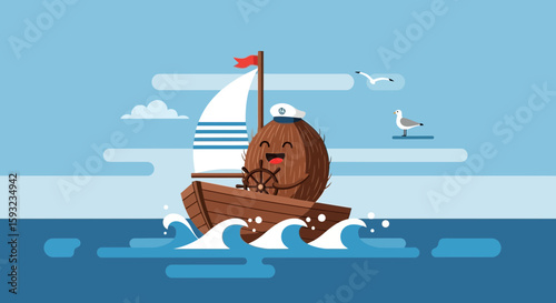 Happy Coconut Captain on a Boat Sailing the Sea Cartoon Illustration