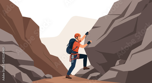 Man Climbing a Rock Face in a Mountainous Landscape with Gear and Helmet