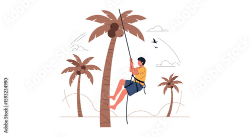 Man Climbing Coconut Tree In Tropical Island For Harvesting Adventure