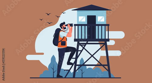 Man Climbing Watchtower And Using Binoculars During The Day Illustration
