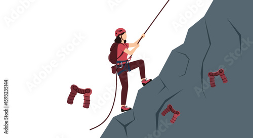 Female Climber Ascending Rocky Mountain with Equipment Illustration