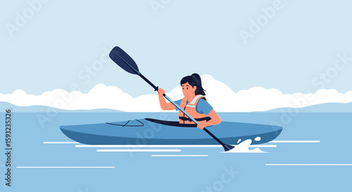 Female Enjoying Kayaking Sport In Lake Waters With Safety Jacket And Paddle