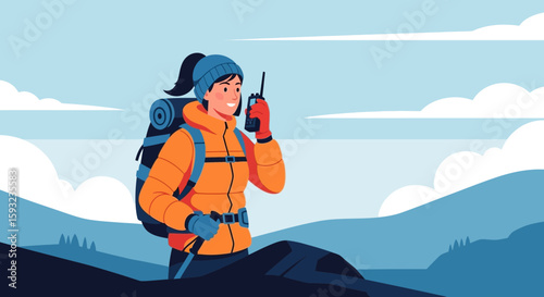 Female Hiker Communicating Via Radio On Mountain Adventure During Sunny Day
