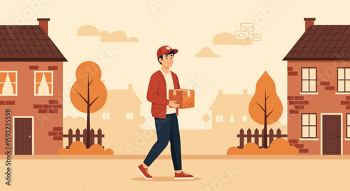 Delivery Service In A Suburban Neighborhood With Courier Delivering Package
