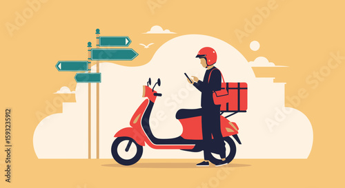 Delivery Service On Motorcycle And Signpost With Courier Using Smartphone App