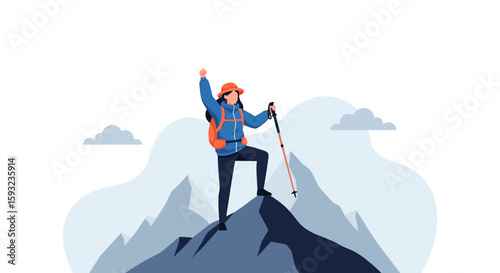 Female Hiker Reaching Mountain Peak Achievement And Celebrating Success Outdoors