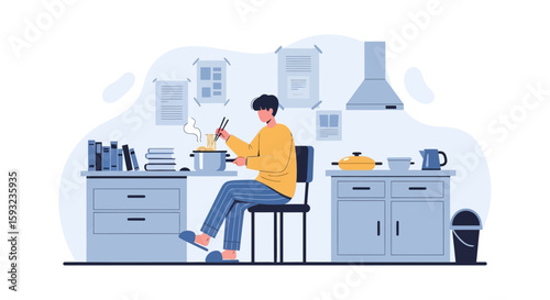 Man Cooking Noodles At Home In Minimalist Style Kitchen Scene Graphic Design