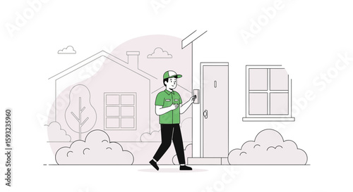 Delivery Service Man Ringing the Doorbell at a Residential Building
