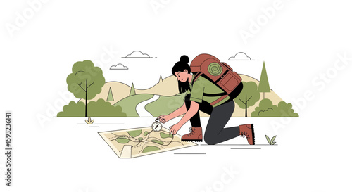 Female Hiker Reading a Topographic Map And Using Compass For Navigation