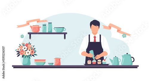 Man Decorating Cupcakes At Home For A Baking Blog Or Online Store Decoration