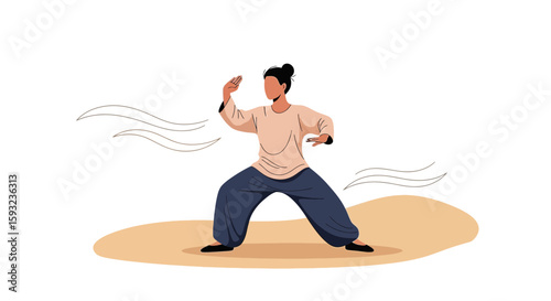Female Performing Tai Chi Form Outdoors For Health And Wellness Concept