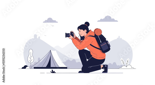 Female Photographer Capturing Nature Views Near Tent Amidst Mountainous Backdrop