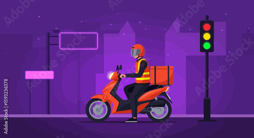 Delivery Services By Motorcycle In The Evening City Background Illustration