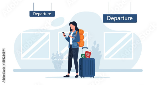 Female Traveler Checking Her Phone Before Departure At Airport Terminal