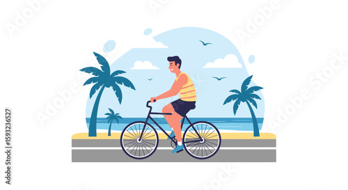 Man Enjoying Coastal Breeze Cycling Along Tropical Beach Scenic Road