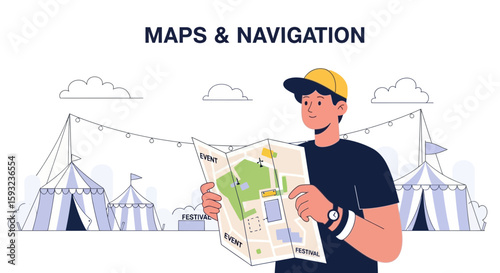 Festival Attendee Using A Map To Navigate Outdoor Event Grounds Illustration
