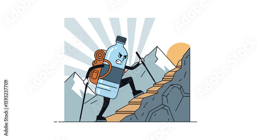 Determined Water Bottle Character Hiking Uphill Against All Odds Cartoon Illustration