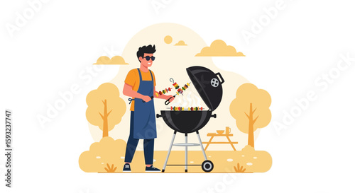 Man Enjoys Cooking Delicious Skewers On The Grill In The Backyard On A Sunny Day