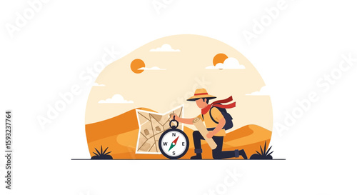 Determining Navigation With Map And Compass In Desert Adventure Illustration