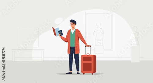 Man Exploring An Art Gallery With Luggage And Passport Ready For International Adventure