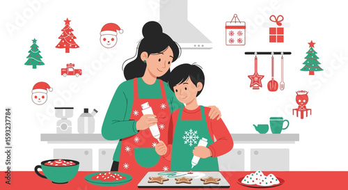 Festive Moments Mother And Child Baking Christmas Cookies With Cheerful Decorations