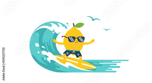 Happy Lemon Surfing On A Wave With Sunglasses For Summer Holiday