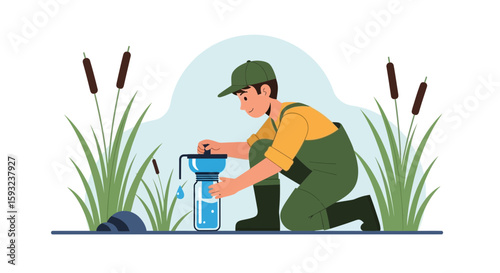 Man Filtering Water From A River Using Portable Filtration System Device