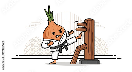 Fierce Onion Karate Kicks Wooden Dummy With Precision And Determined Expression