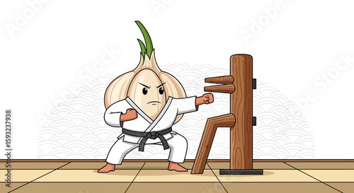 Fierce Garlic Karateka Training Diligently With Traditional Wooden Dummy