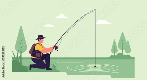 Man Fishing By The Lakeside Surrounded By Nature In Flat Vector Design