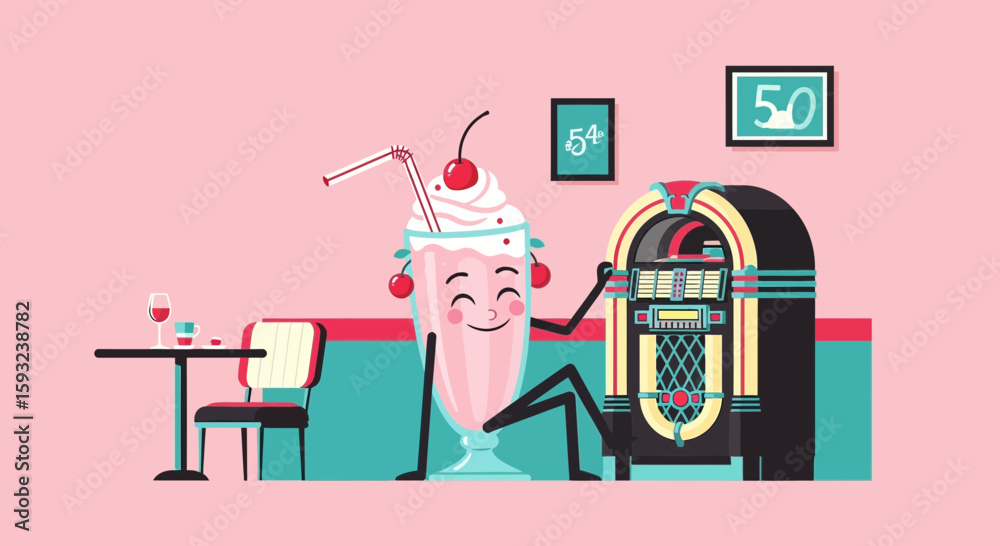Naklejka premium Happy Milkshake Character Relaxing With A Classic Jukebox In A Retro Diner