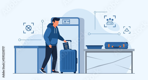 Man Going Through Airport Security With Passport And Luggage Blue Background