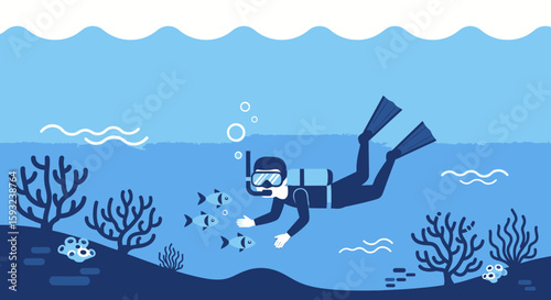 Diver Explores The Underwater World With Tropical Fish And Colorful Coral Reef